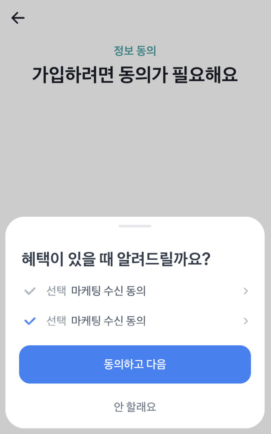 선택 약관 동의 화면